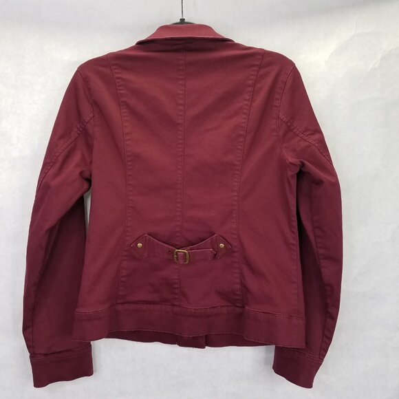 Coldwater Creek Jean Jacket Women's 4-6 Sm Maroon Denim Gold Snaps Buckle Back - Picture 7 of 14